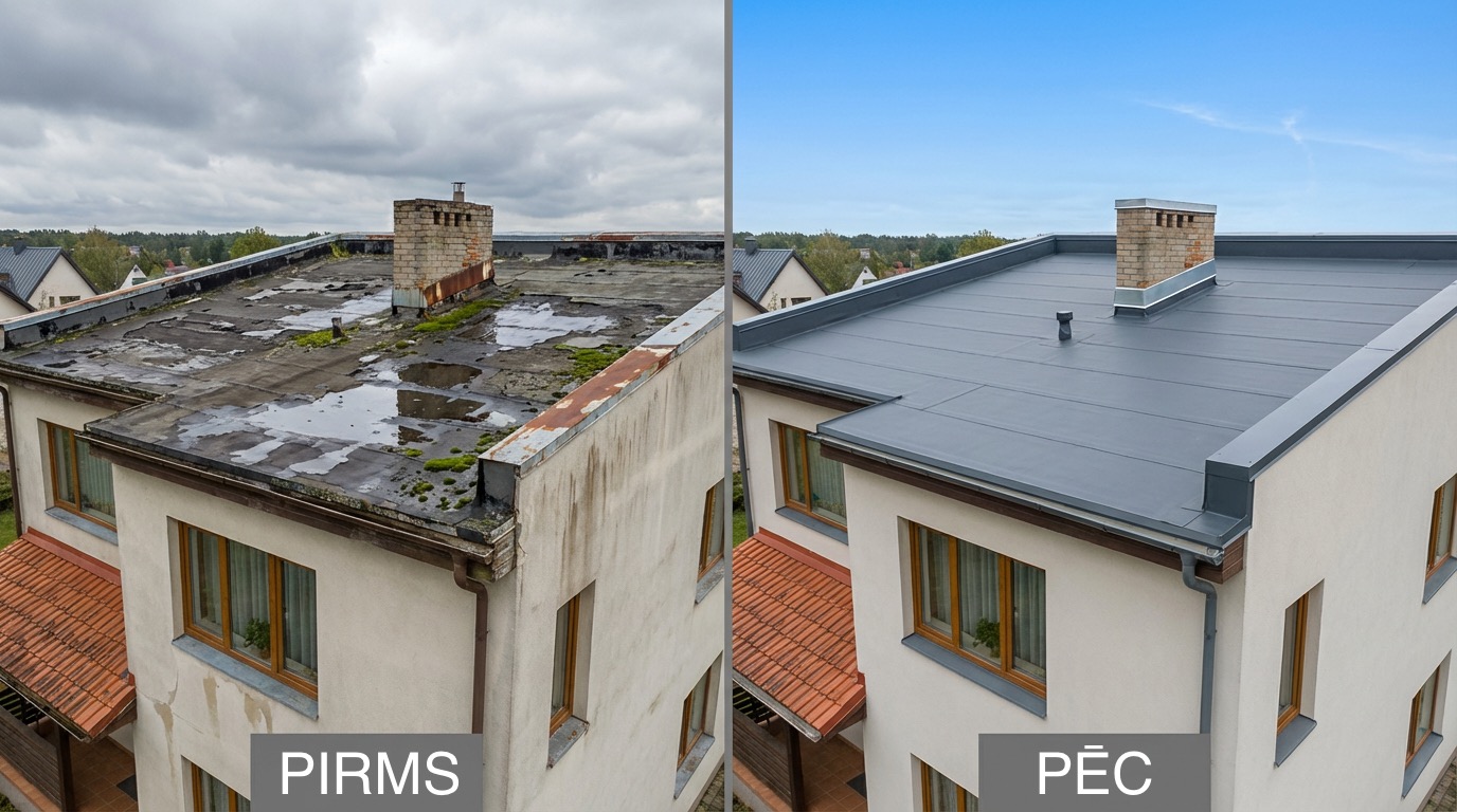 Jumta labošana Rīgā pirms un pēc — metāla jumta pilnīga atjaunošana Āgenskalnā, profesionāls remonts ar garantiju